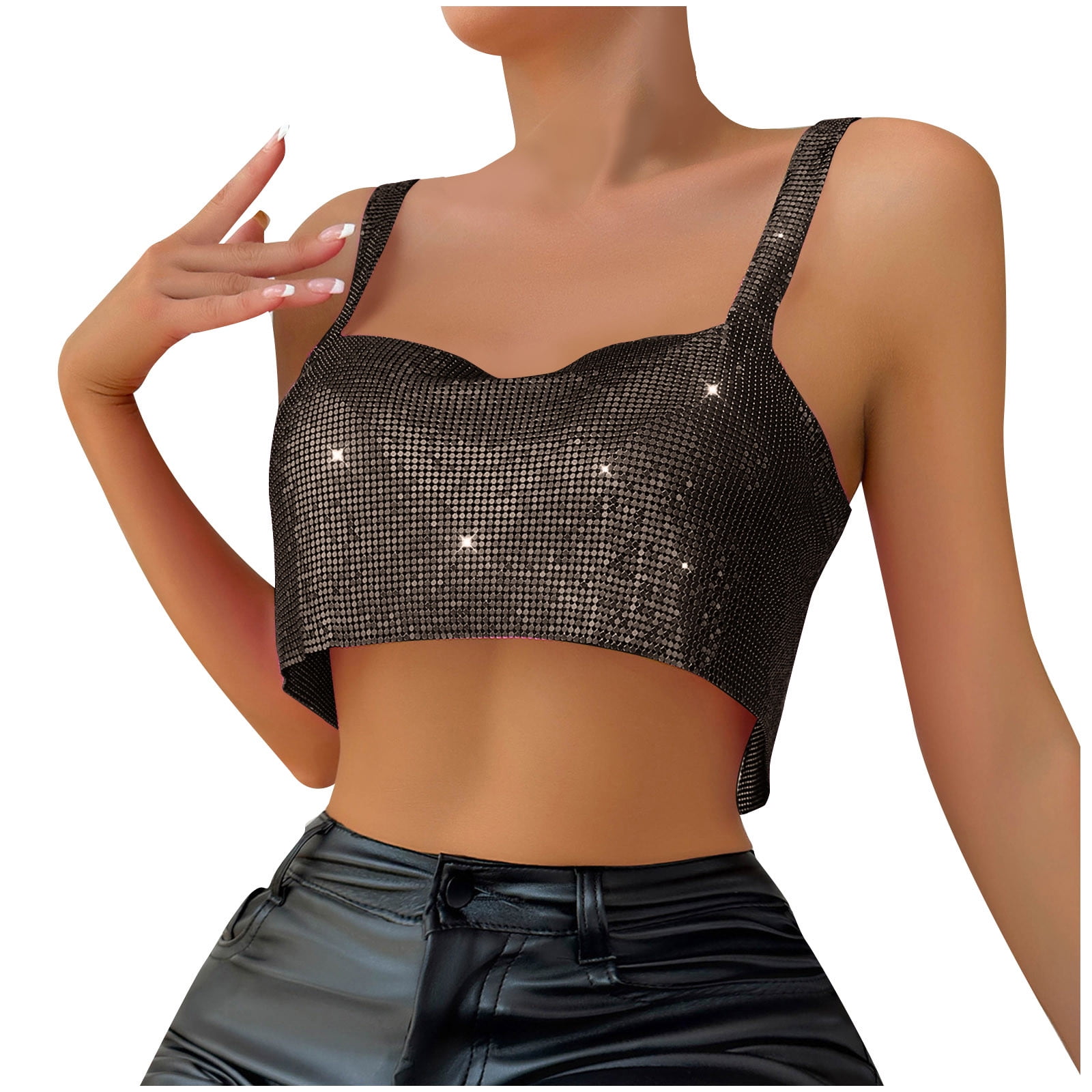 BLVB Women Metal Sequin Sparkle Glitter Camisole Tops