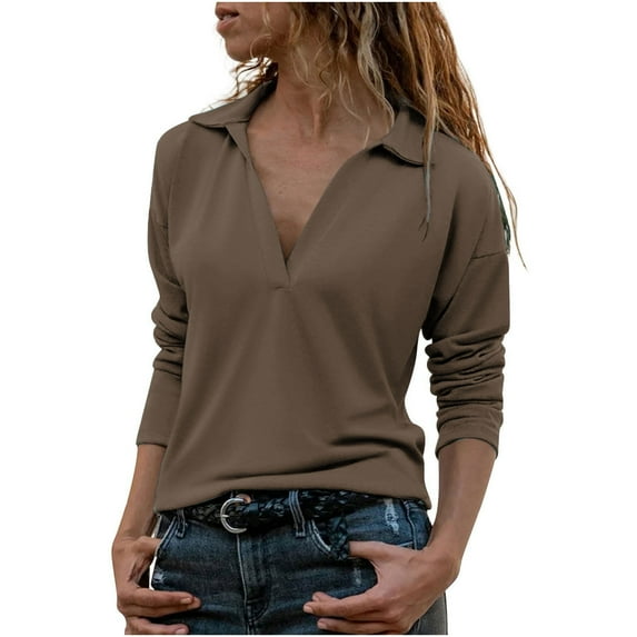 BLVB Women Office Blouse Casual Long Sleeve Solid Color V Neck Collared Tops Business Casual Fall Tunic Shirts Brown