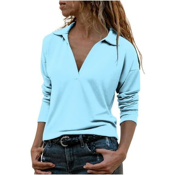 BLVB Women Office Blouse Casual Long Sleeve Solid Color V Neck Collared Tops Business Casual Fall Tunic Shirts Light Blue