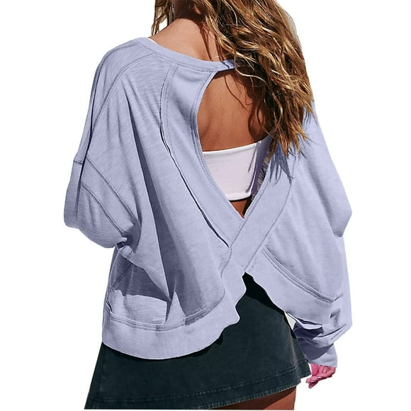BLVB Women Open Back Workout Shirt Long Sleeve Round Neck Backless Athletic Tee Crop Tops with Thumb Hole 2025 Trendy