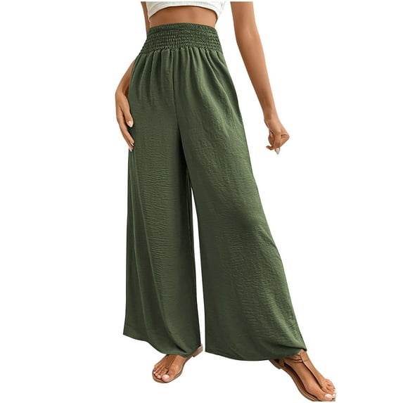 BLVB Women Palazzo Pants Summer Boho Bagyy Wide Leg Pants High Smocked Waist Casual Loose Lounge Trousers