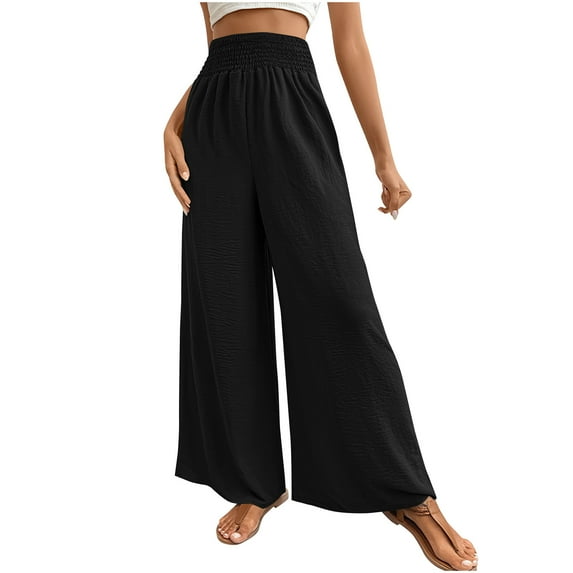 BLVB Women Palazzo Pants Summer Boho Bagyy Wide Leg Pants High Smocked Waist Casual Loose Lounge Trousers