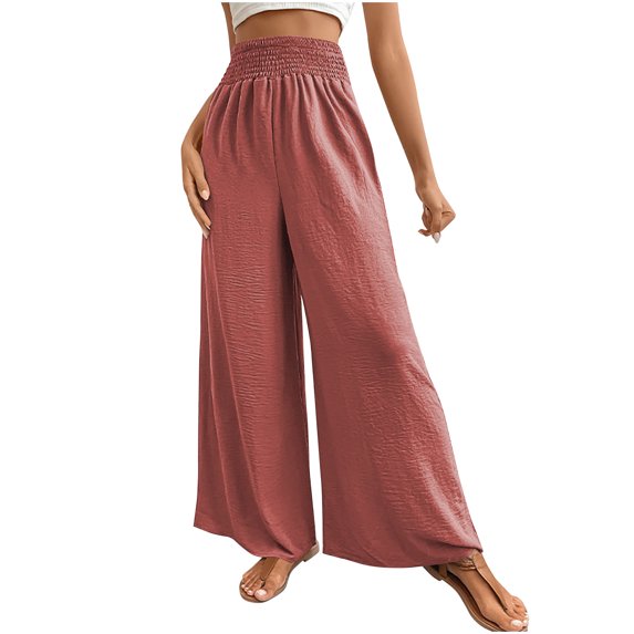 BLVB Women Palazzo Pants Summer Boho Bagyy Wide Leg Pants High Smocked Waist Casual Loose Lounge Trousers