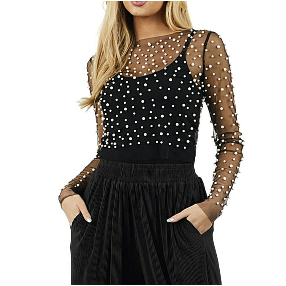 BLVB Women Pearl Rhinestone Mesh Crop Top See Through Long Sleeve Cropped Layering Top Blouse Shirt Clubwear