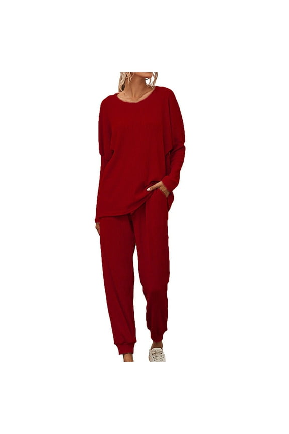 Women Plus Size Knit Ribbed 2 Pcs Outfit Long Sleeve Crewneck Shirts Joggers Lounge Sweatsuits Tracksuits Pajamas Sets