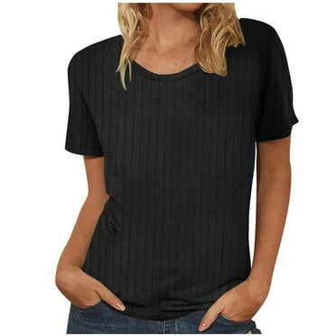BLVB Women Shirts Summer Knit Ribbed Sweaters Short Sleeve Tunic Tops Pullover Dressy Casual Business Blouses