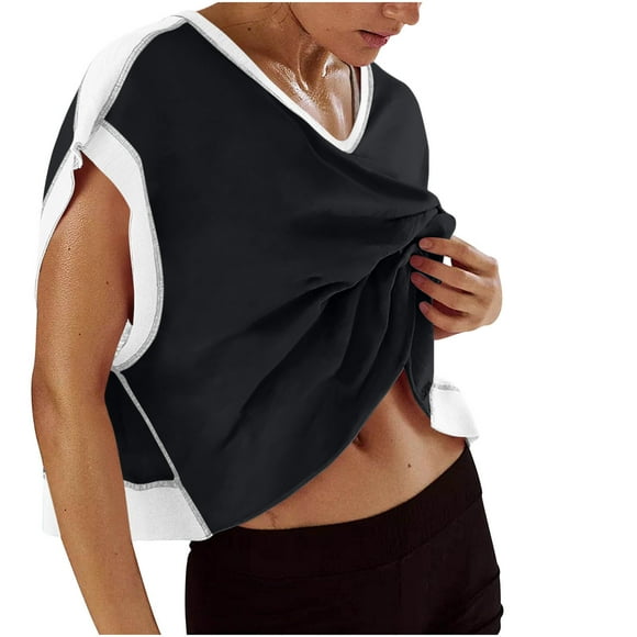 BLVB Women Short Sleeve Workout Shirts Open Back Tops Casual Color Block Yoga Athletic Gym Crop Running Tees
