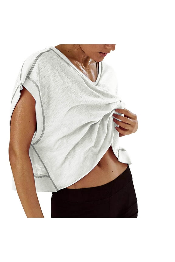 Women Short Sleeve Workout Shirts Open Back Tops Casual Color Block Yoga Athletic Gym Crop Running Tees