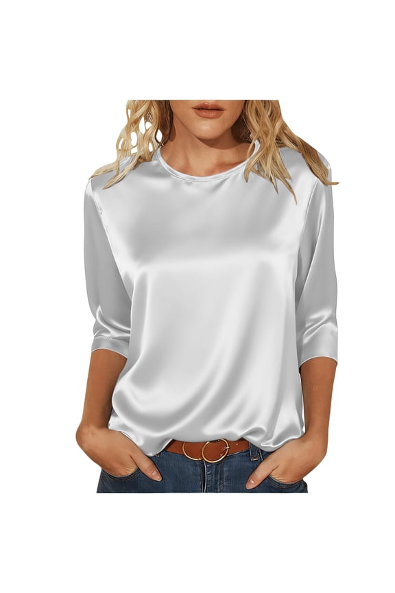 Women Silk Satin Tops 3/4 Sleeve Blouse Crewneck Shirts Business Casual Outfits Elegant Work Tunic Tops S-2XL
