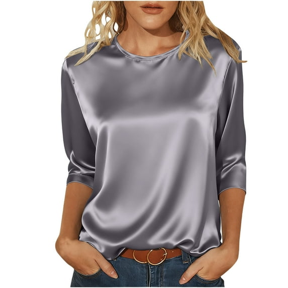 BLVB Women Silk Satin Tops 3/4 Sleeve Blouse Crewneck Shirts Business Casual Outfits Elegant Work Tunic Tops S-2XL