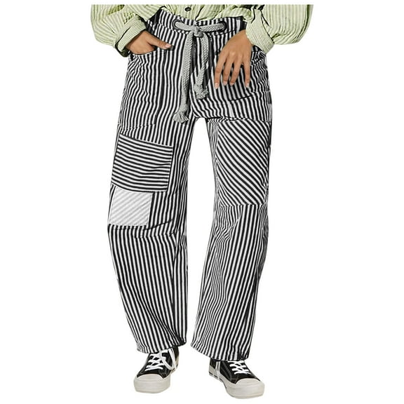 BLVB Women Striped Patchwork Pants Drawstring Waist Wide Leg Streetwear Casual Loose Lounge Trousers with Pockets