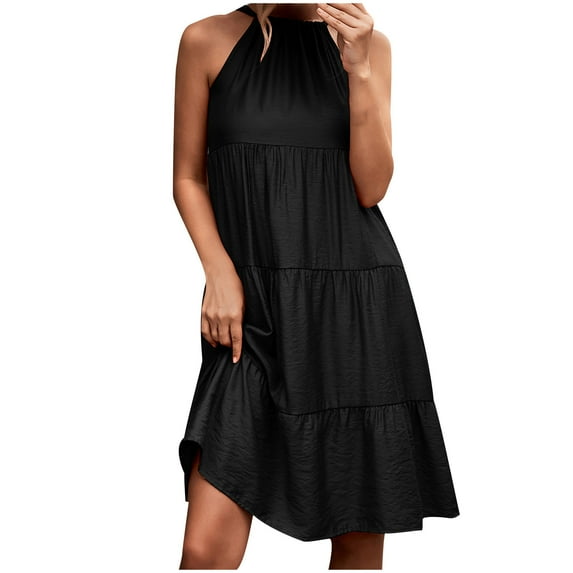 BLVB Women Summer Casual Sleeveless Dress Tiered Flowy Boho Sun Dress Loose Pleated Beach Party Mini Dress