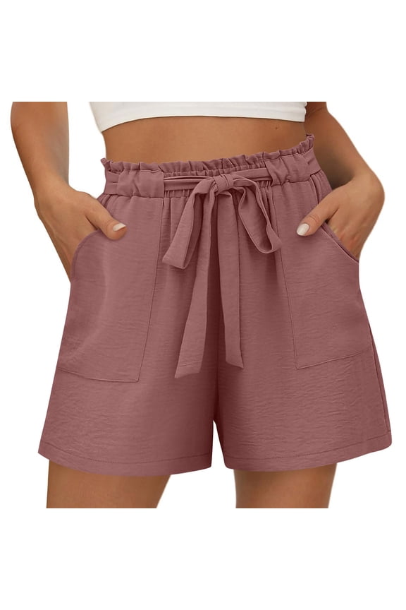 Women Summer Casual Cotton Linen Shorts with Pockets Loose Solid Color Beach Lounge Shorts Bowknot Tie Waist