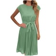thumbnail image 1 of BLVB Women Summer Casual Dresses Fashion Cap Sleeve Pleated Midi Dress Crewneck Plain Wear to Work Dress with Belt, 1 of 5