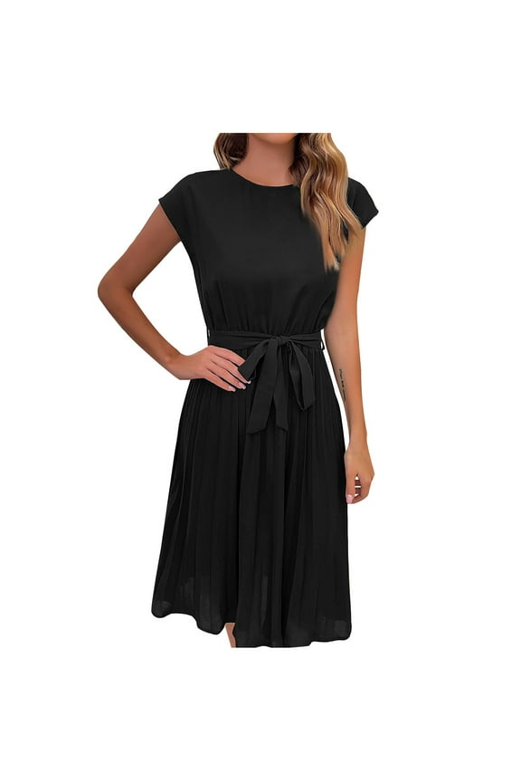 Women Summer Casual Dresses Fashion Cap Sleeve Pleated Midi Dress Crewneck Plain Wear to Work Dress with Belt
