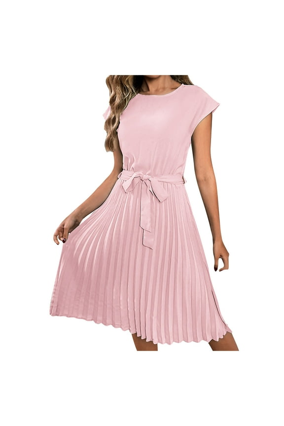 Women Summer Casual Dresses Fashion Cap Sleeve Pleated Midi Dress Crewneck Plain Wear to Work Dress with Belt