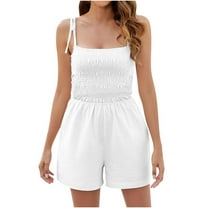 BLVB Women Summer Casual Square Neck Rompers Sleeveless Spaghetti Strap Smocked Shorts Jumpsuit with Pockets Outfits Clothes