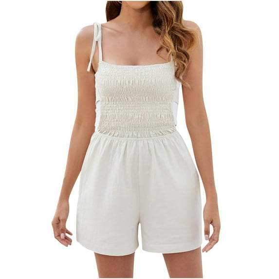 BLVB Women Summer Casual Square Neck Rompers Sleeveless Spaghetti Strap Smocked Shorts Jumpsuit with Pockets Outfits Clothes