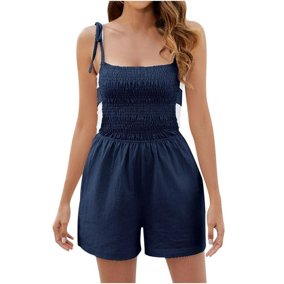 BLVB Women Summer Casual Square Neck Rompers Sleeveless Spaghetti Strap Smocked Shorts Jumpsuit with Pockets Outfits Clothes