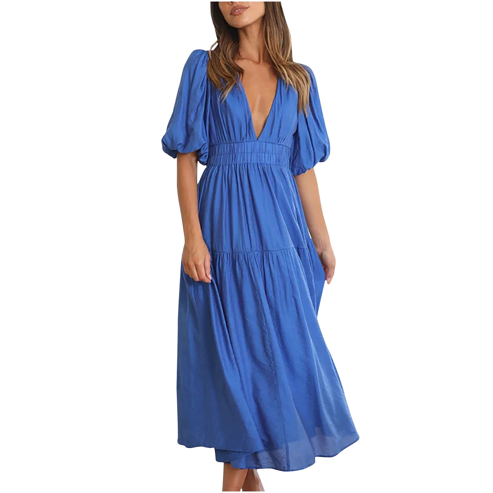 BLVB Women Summer Dresses 2024 Trendy Short Puff Sleeve Plunge V Neck