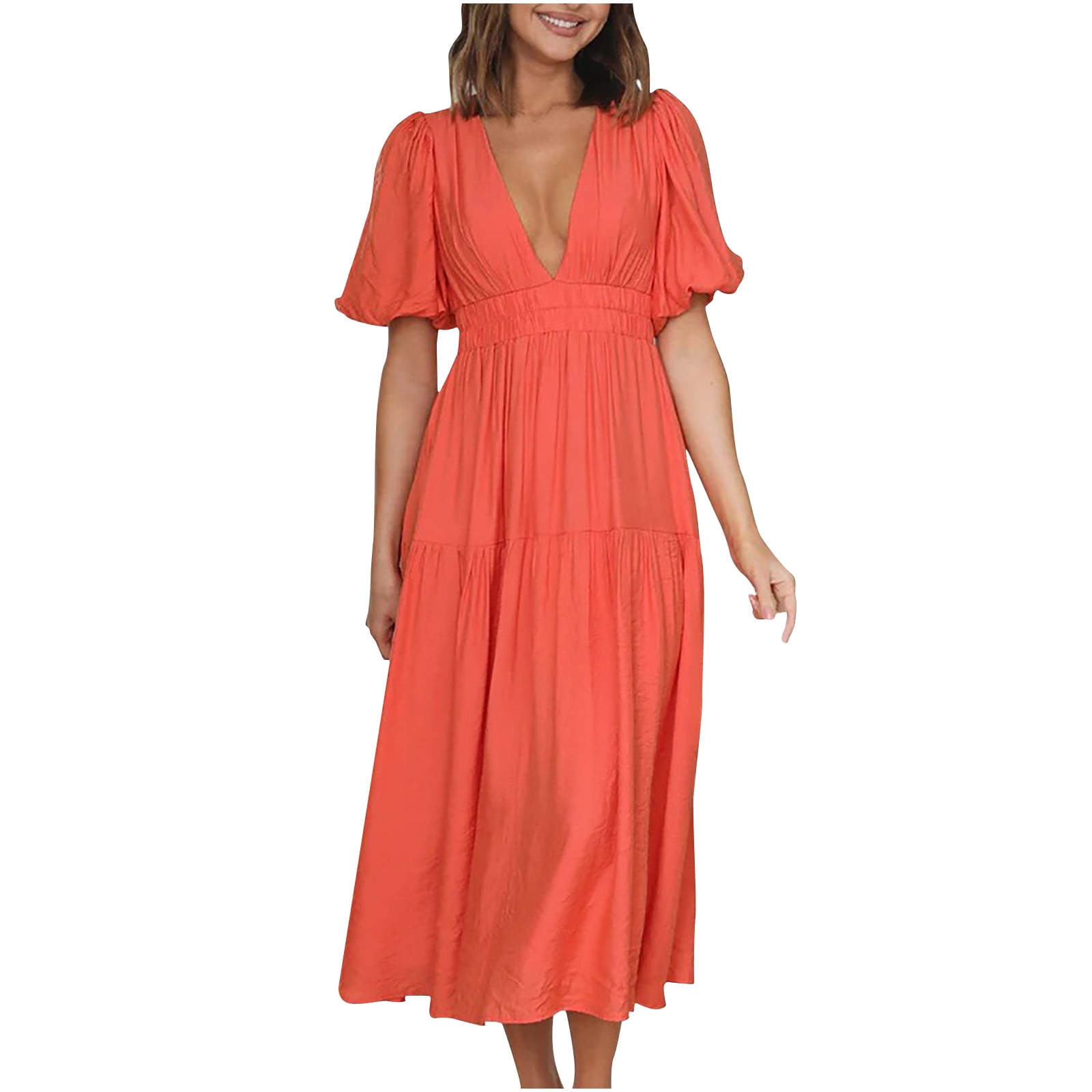 BLVB Women Summer Dresses 2024 Trendy Short Puff Sleeve Plunge V Neck