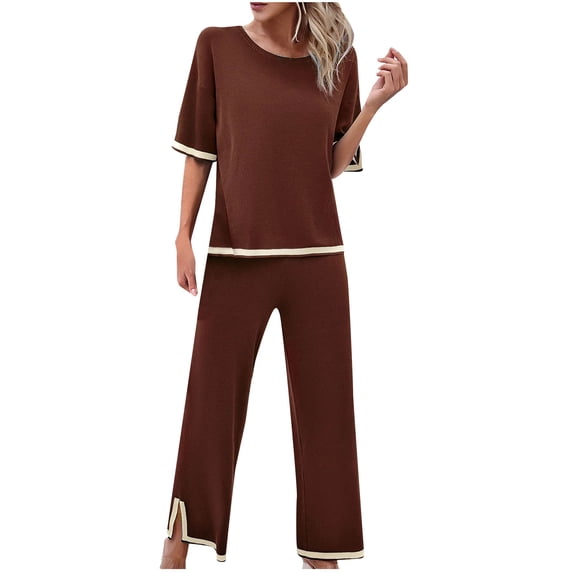 BLVB Women Sweater Sets 2 Piece Outfits Knit Lounge Sets Short Sleeve Tops Pullover Wide Leg Pants Matching Travel Tracksuit