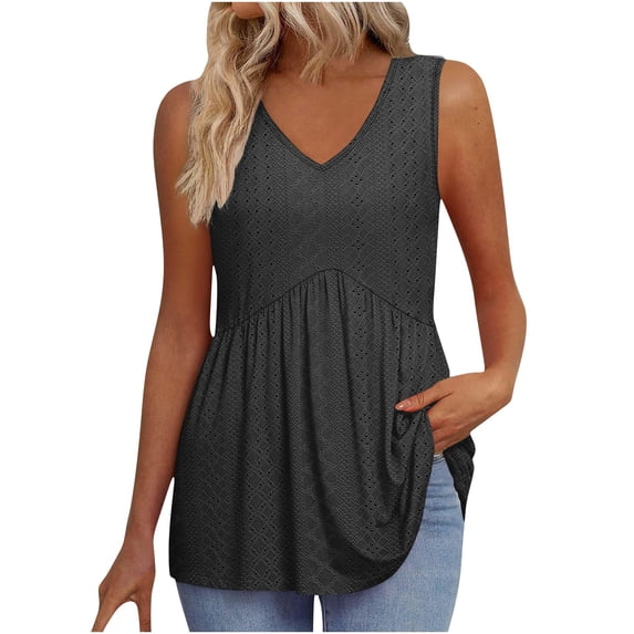 BLVB Women Tank Tops Spring Clothes Summer V Neck Pleated Eyelet Shirts Dressy Casual Sleeveless Blouse for Beach Vacation