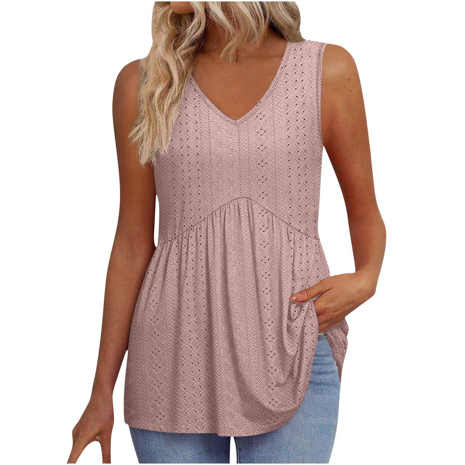 BLVB Women Tank Tops Spring Clothes Summer V Neck Pleated Eyelet Shirts ...