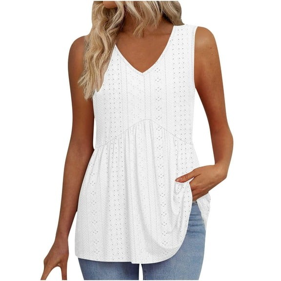BLVB Women Tank Tops Spring Clothes Summer V Neck Pleated Eyelet Shirts Dressy Casual Sleeveless Blouse for Beach Vacation