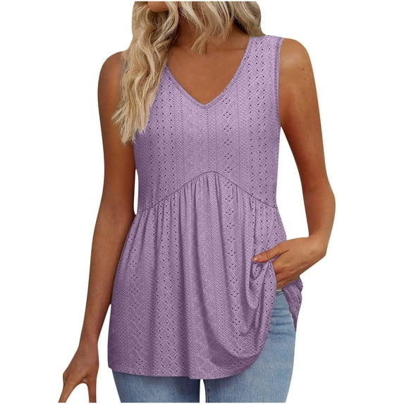 BLVB Women Tank Tops Spring Clothes Summer V Neck Pleated Eyelet Shirts Dressy Casual Sleeveless Blouse for Beach Vacation