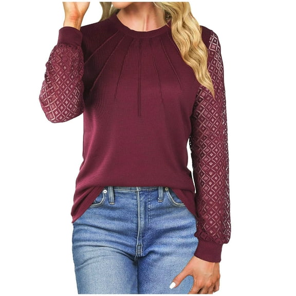 BLVB Women Trendy Blouses Casual Loose Knit Tops Pullover Hollow-Out Lace Long Sleeve Shirts Tunic Tee Tops for Spring Fall Wine