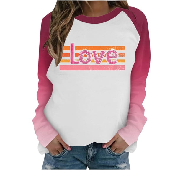 BLVB Women Valentines Shirts Round Neck Long Sleeve Casual Heart T Shirt Love Graphic Sweatshirt Pullover Fashion Tops