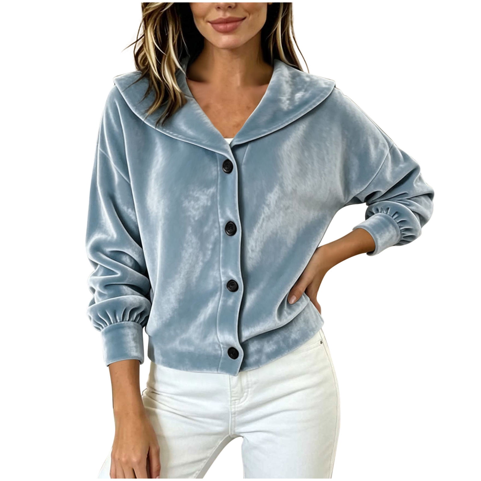 Velvet Collapse BLVB Women Velvet Button down Shirts Long Sleeve V Neck Lapel Blouses ...