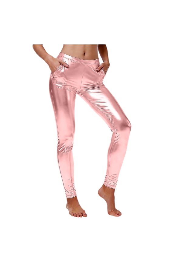 Women Wet Look Shiny Leggings Low Waist Stretch Pants Full Length Leggings Tights with Pockets