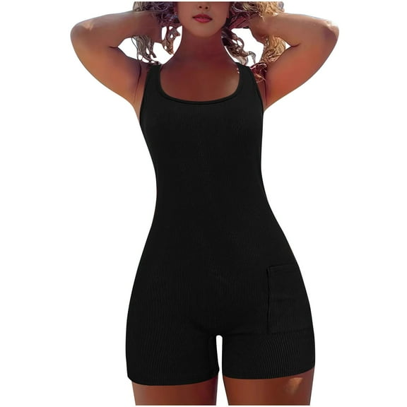 BLVB Women Workout Romper Yoga Ribbed Square Neck One Piece Seamless Tank Top Jumpsuit Seamless Gym Outfits