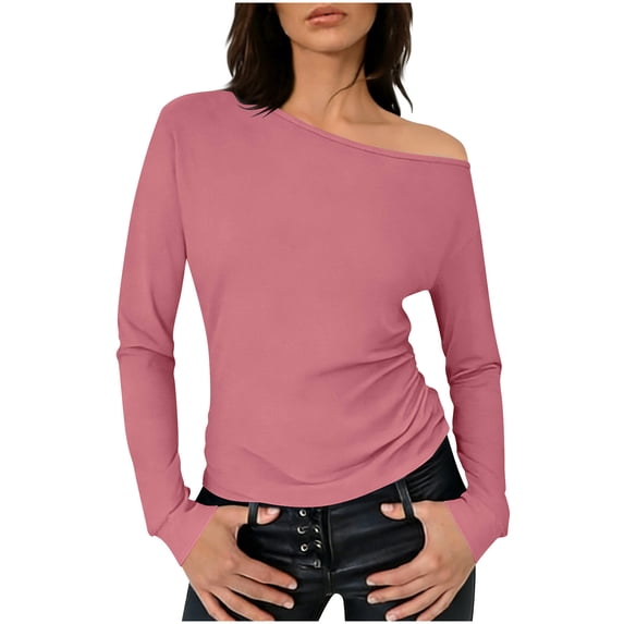 BLVB Women off the Shoulder Top Long Sleeve Shirts Ruched Tight Fitted Going out Tops Tee Blouse Trendy Outfits