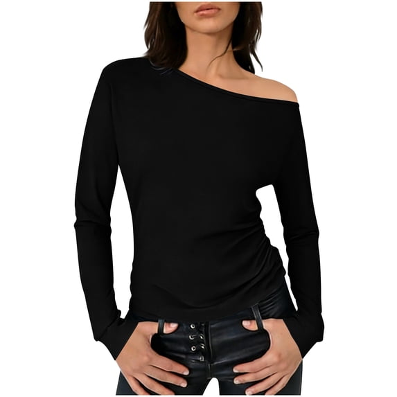 BLVB Women off the Shoulder Top Long Sleeve Shirts Ruched Tight Fitted Going out Tops Tee Blouse Trendy Outfits