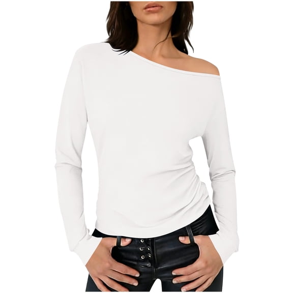 BLVB Women off the Shoulder Top Long Sleeve Shirts Ruched Tight Fitted Going out Tops Tee Blouse Trendy Outfits