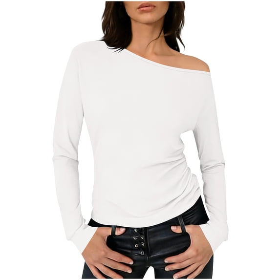 BLVB Women off the Shoulder Top Long Sleeve Shirts Ruched Tight Fitted Going out Tops Tee Blouse Trendy Outfits