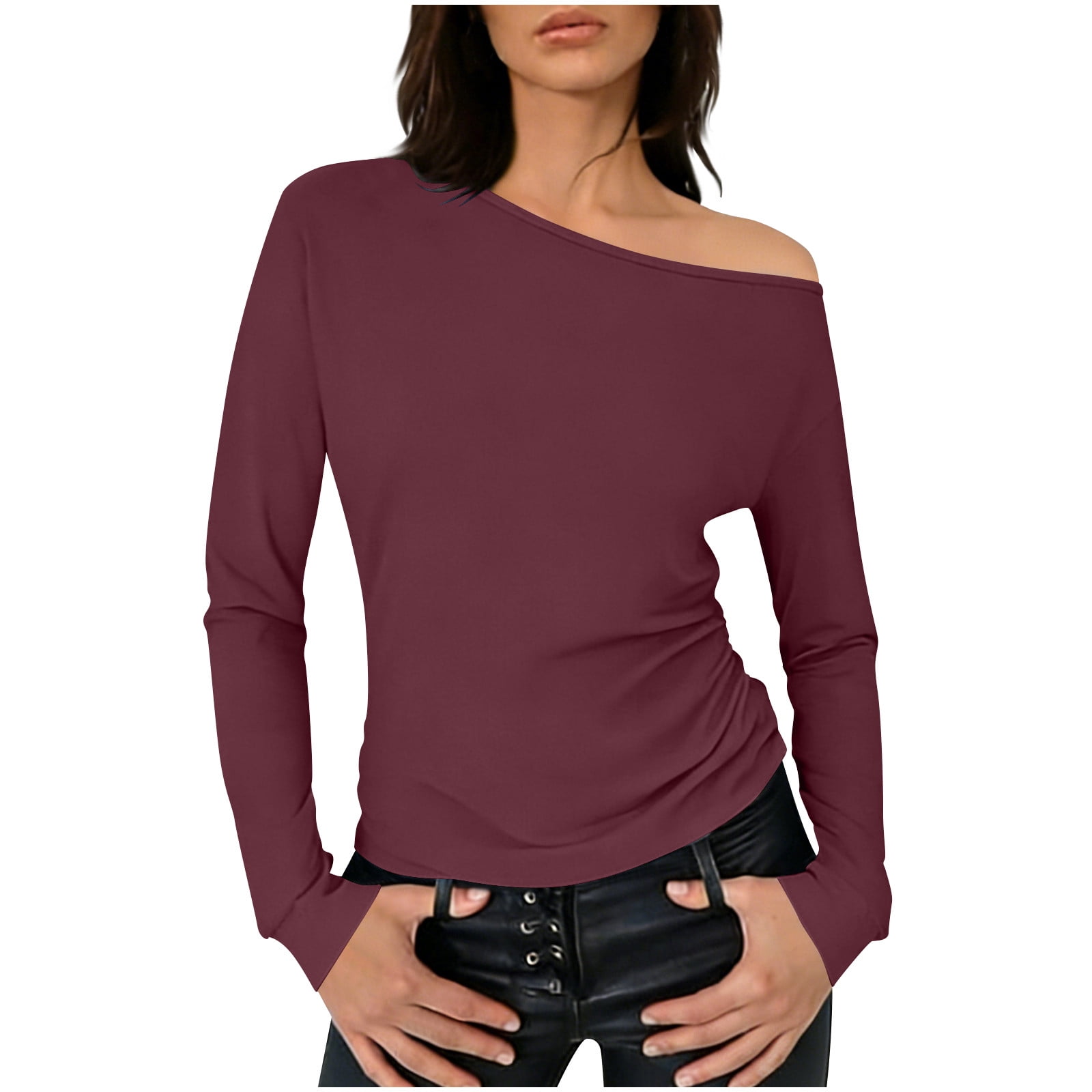 BLVB Women off the Shoulder Top Long Sleeve Shirts Ruched Tight Fitted — free download