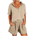 thumbnail image 1 of BLVB Women's 2 Piece Casual Outfits Cotton Linen Lapel V Neck Shirt Top High Waisted Shorts Set Tracksuit with Pockets, 1 of 7