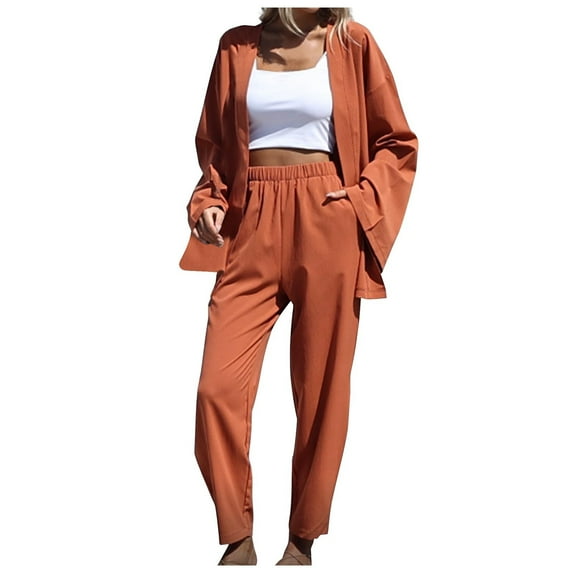 BLVB Women's 2 Piece Lounge Sets Solid Color Open Front Long Sleeve Cardigan Loose Long Pants Casual Fall Outfits