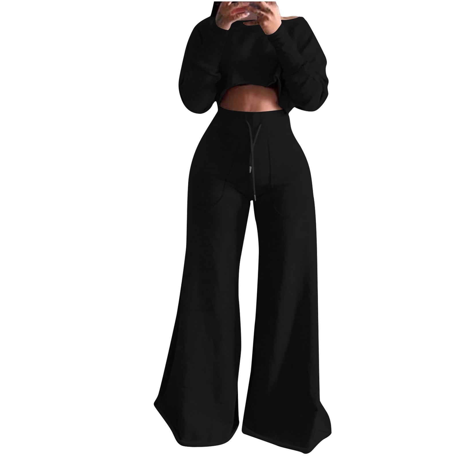 BLVB Women's 2 Piece Outfit Casual Crewneck Long Sleeve Cropped