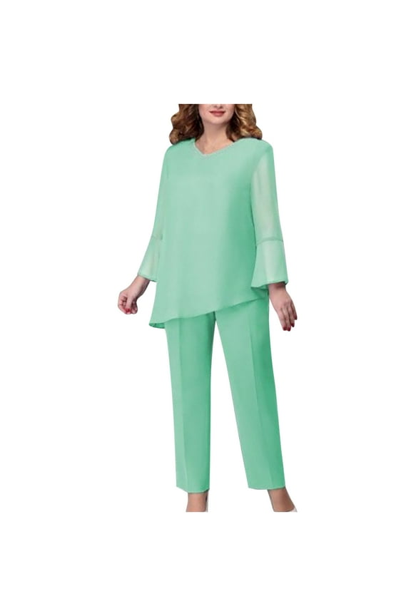 Women's 2 Piece Outfits Fall Casual Work Sets V Neck Long Sleeve Tops Blouses Wide Leg Suits Pant Sets