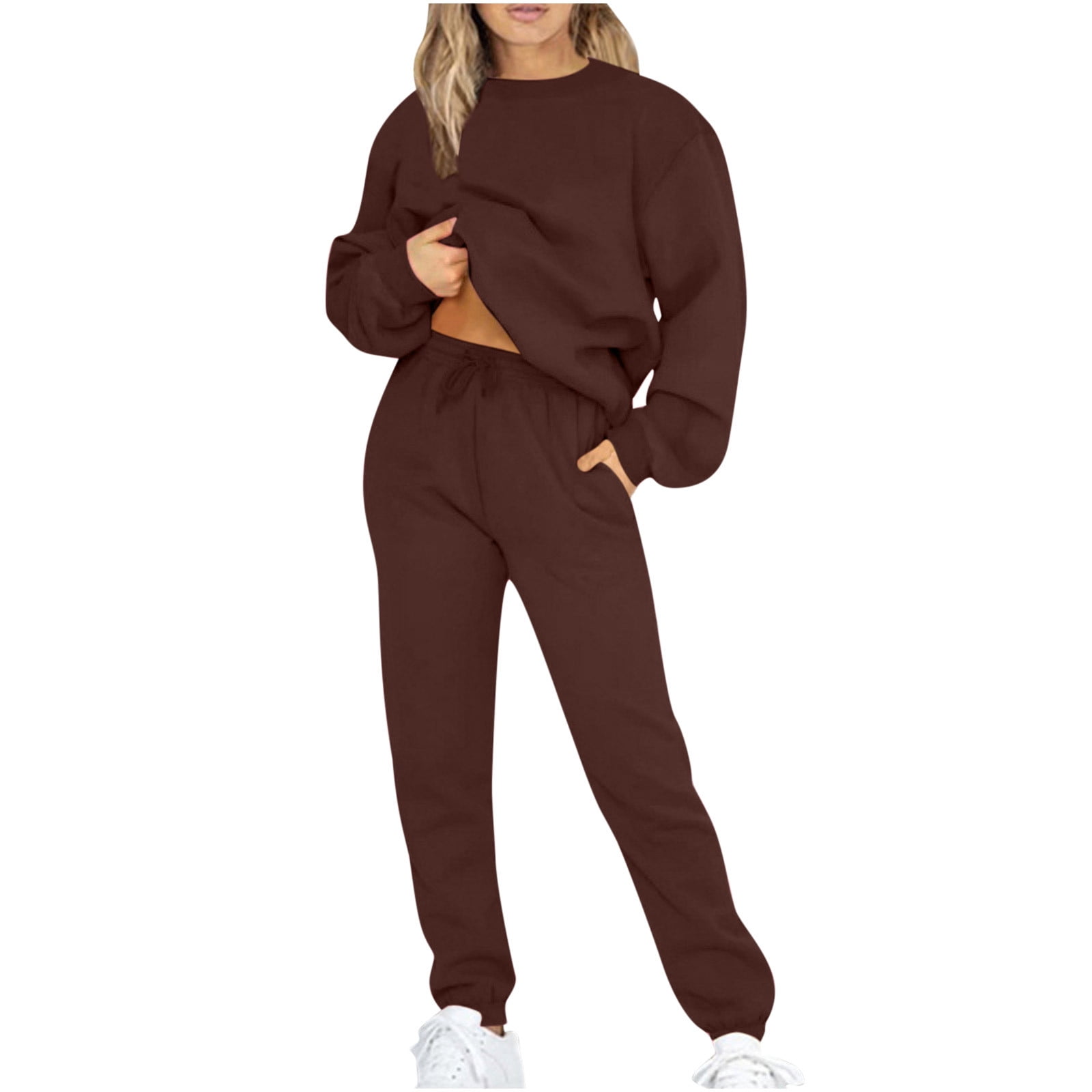 Besolor Women s 2 Piece Outfits Crewneck Long Sleeve Pullover Sweatshirt and Drawstring Pants Sets Sweatsuit with Pockets Walmart