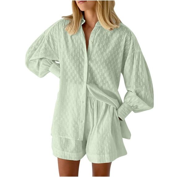 BLVB Women's 2 Piece Outfits Oversized Long Lantern Sleeve Blouse Button down Shirt High Waisted Side Pocket Shorts Set