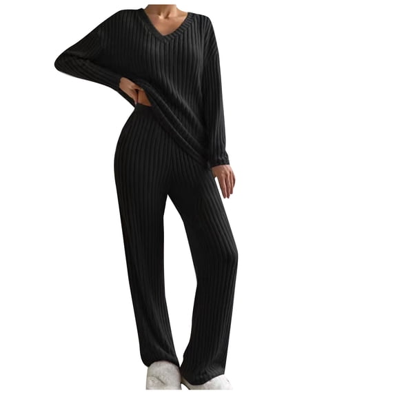 BLVB Women's 2 Piece Outfits Ribbed Lounge Sets Long Sleeve V Neck Sweater Pullover Top Wide Leg Pants Sweatsuit Sets