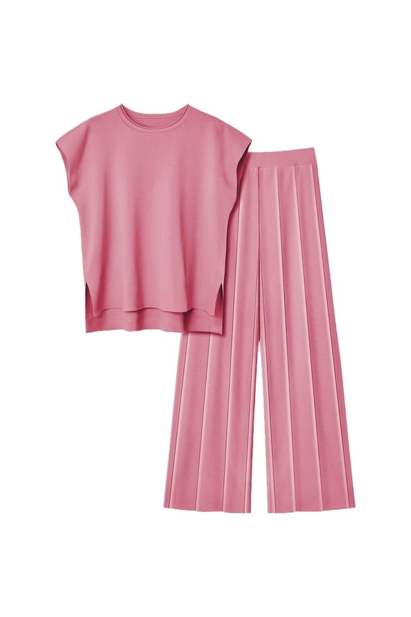 Women's 2 Piece Outfits Sweater Set Cap Sleeve Knit Pullover Tops High Waisted Pants Sweatsuits Lounge Set