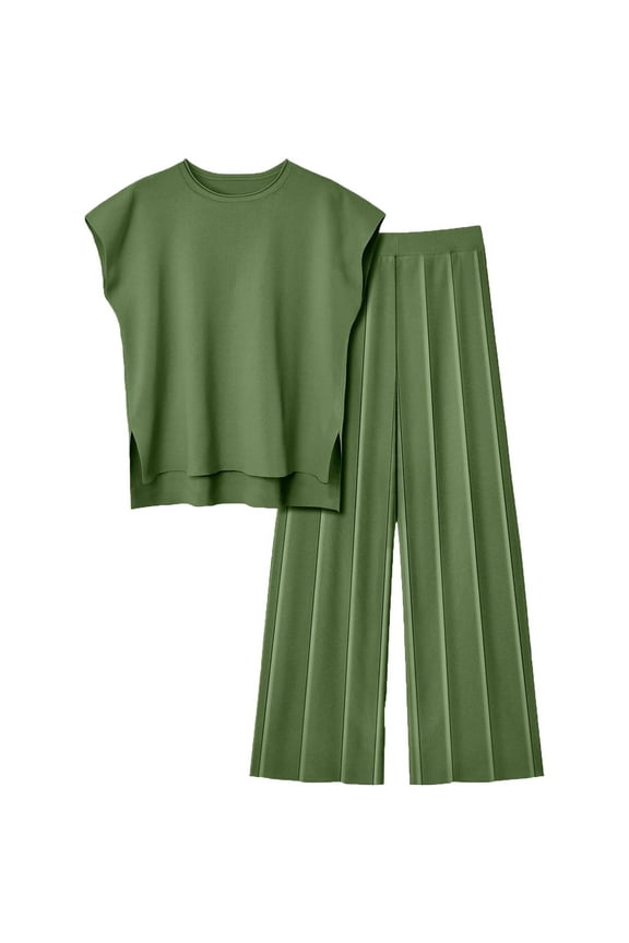 Women's 2 Piece Outfits Sweater Set Cap Sleeve Knit Pullover Tops High Waisted Pants Sweatsuits Lounge Set