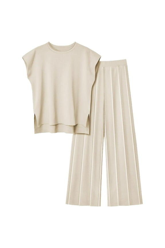 Women's 2 Piece Outfits Sweater Set Cap Sleeve Knit Pullover Tops High Waisted Pants Sweatsuits Lounge Set